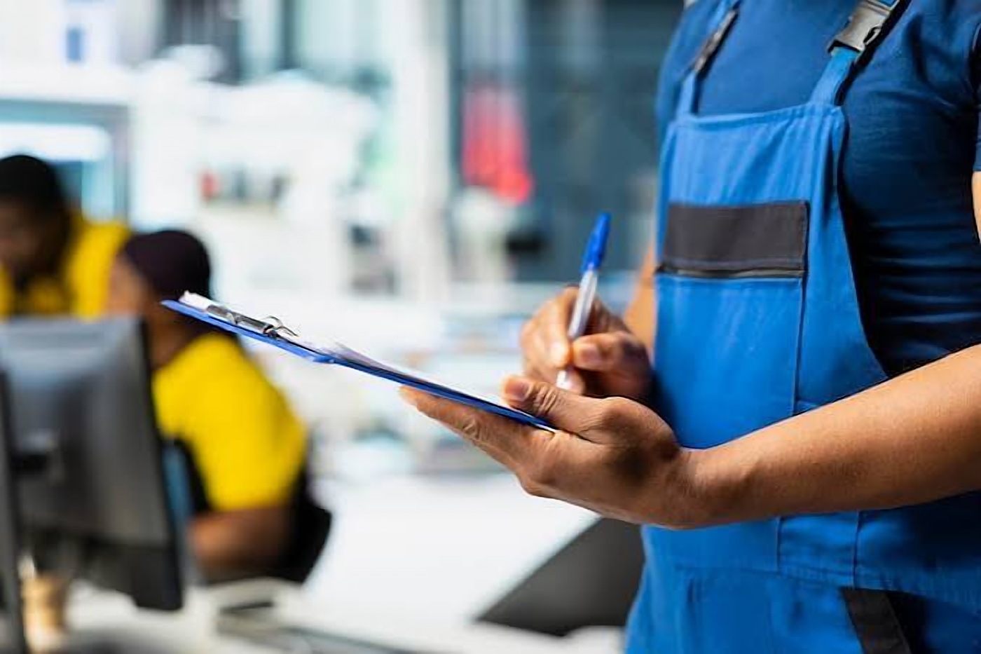 Inspector recording notes on a clipboard